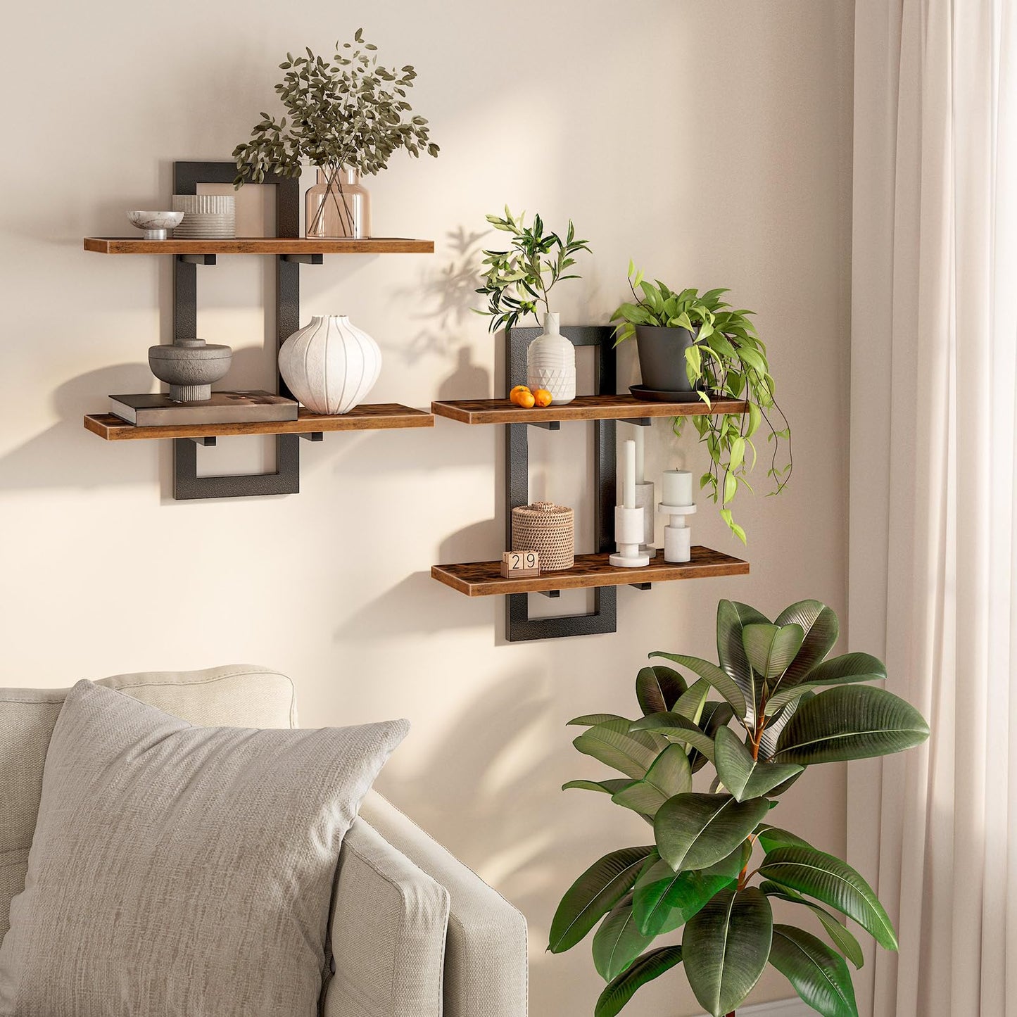 HOOBRO Floating Shelves, 15 Inch Wall Shelf Set of 2, Wall Mounted Storage Shelves 2-Tier, Hanging Bathroom Shelves, for Living Room, Bedroom, Bathroom, Kitchen, Rustic Brown and Black BF32BJ01G1