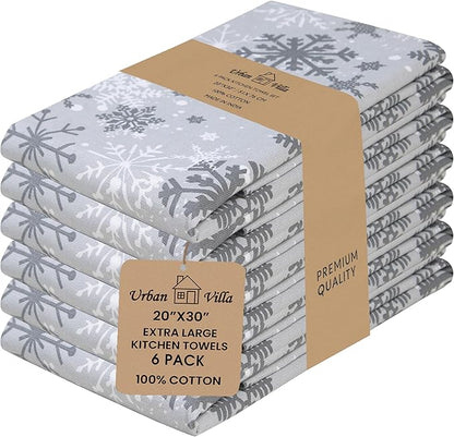 Urban Villa Christmas Kitchen Towels Grey Snowflake Print Premium Quality 100%