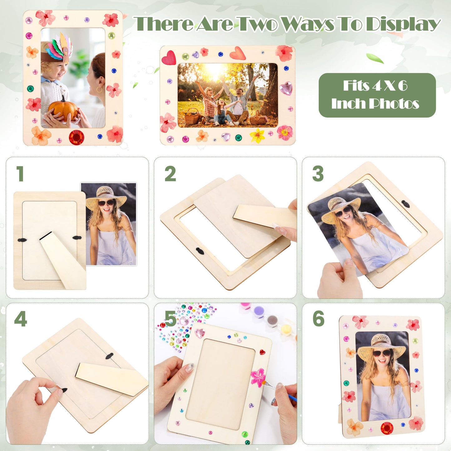 Fovths 30 Pcs Wooden Picture Frames for Crafts, 4 x 6 Inch DIY Wood Frames with Gem Stickers Acrylic Paint Brushes Palette, Unfinished Wood Photo Frame for DIY Painting Arts Projects Decorate