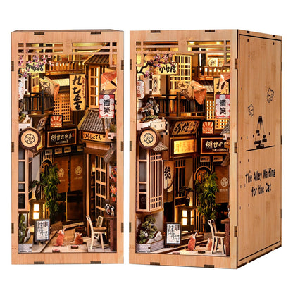 DIY Book Nook Kit, 3D Wooden Puzzle Bookend with LED Light, Japanese Street Alley Miniature House Model, Creative Shelf Insert Decor & Arts Crafts Gift for Adults Teens (The Alley Waiting for the Cat)