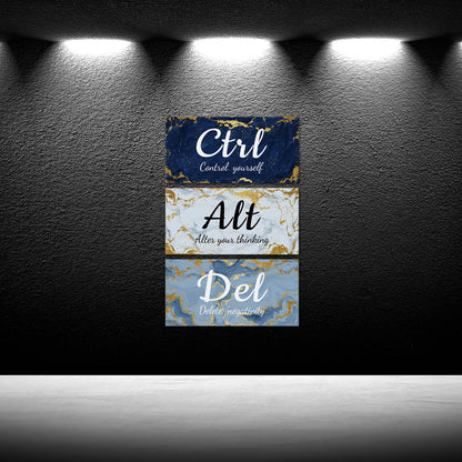 iKNOW FOTO 3 Pieces Blue Grey and Gold Wall Art CTRL ALT DEL Office Canvas Prints Marble Inspirational Quotes Motivational Wall Decor Each Panel 6x12''
