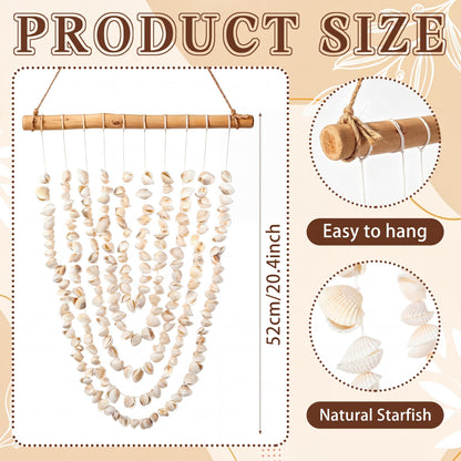 Novabright Seashell Wall Hanging Decor Coastal Beach Shells Wind Chimes 20.4 Inch Handmade White Sea Shells with Driftwood Farmhouse Rustic Ocean Wall Art for Summer Bedroom Bathroom Living Room