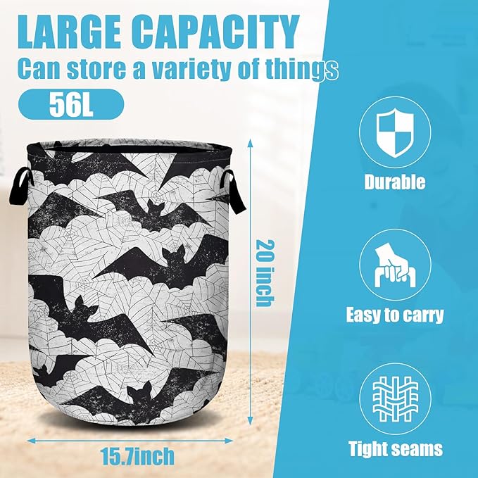 Retro Black White Bat Laundry Basket, Halloween Laundry Hamper Collapsible
