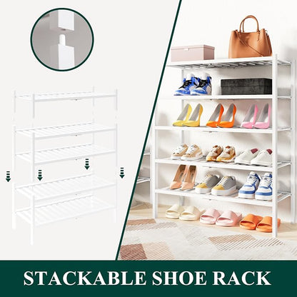Smiry Bamboo Shoe Rack, 6 Tier Free Standing Wooden Shoe Organizer, Stackable Wood Shoe Storage Shelf for Closet, Entryway, 14 Vertical Slats, 2+2+2 Stack Heavy-Duty Legs, 26.8"x11"x39", White
