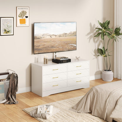 GarveeHome White Entertainment Center with 6 Storage Drawers for Bedroom Living Room, Universal TV Stand with Mount Fit 32"-80" TVs, Farmhouse Wooden Media Console Tables with Height Adjustable Mount