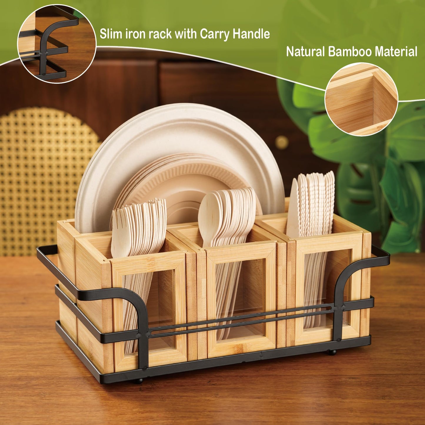 OTTENON Silverware Caddy Wood Utensil Holder Cutlery Flatware Paper Plate Dispenser Organizer for Spoons Forks Plates Napkins (Acrylic)