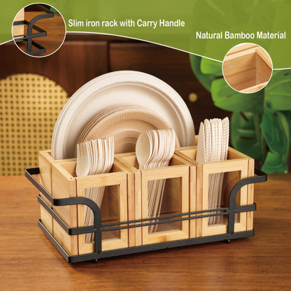 OTTENON Silverware Caddy Wood Utensil Holder Cutlery Flatware Paper Plate Dispenser Organizer for Spoons Forks Plates Napkins (Acrylic)