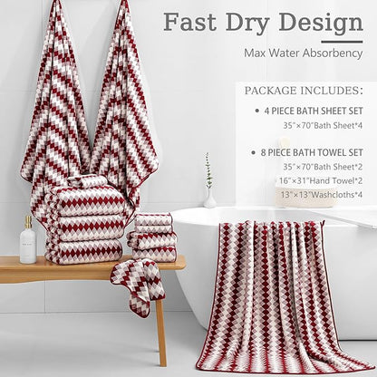 8 Piece Bathroom Towel Set |2 Oversized Bath Towels, 2 Hand Towels, 4