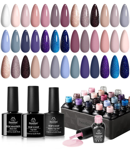 Beetles Cat Eye Gel Polish Set - 24Pcs 20 Colors Glitter Dark Color Changing Gel Nail Polish Kit with Base Gel Glossy Matte Top Coat Soak off UV DIY Nail Art Salon Ombre Black Nails Gift