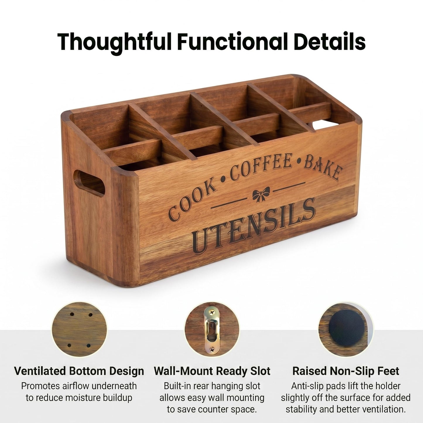 YanKiTour Wooden Kitchen Utensil Holder, Acacia Wood, Extra Large, 4-Compartment, Countertop Organizer, Wall Mount Option, Cooking Utensil Caddy, Ventilation Holes & Non-Slip Pads (4 Compartments)