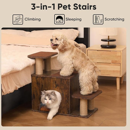 FUKUMARU 3-in-1 Pet Stairs, Retro-style Dog Steps for Cats and Small Dogs, Wooden Cat Stairs for High Bed with Scratching Post, Dog Ramp for Couch with Cat Condo Cave, Easy to Clean & Aesthetic Design