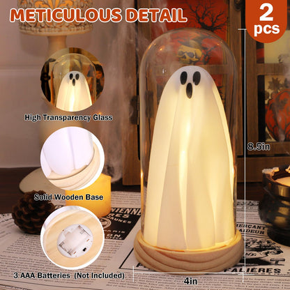 Halloween Decorations Indoor, Light Up Ghosts in Glass Domes with Wood Base, Cute Halloween Decor for Table, Fireplace, Bookshelf – Spooky Halloween Decor Kit (2 Pack)