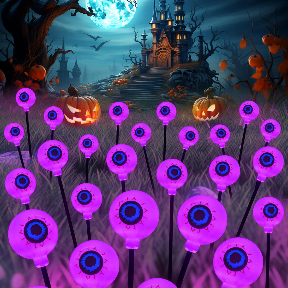 KerKoor Solar Halloween Lights Outdoor Decorations - 4 Pack 32 LED Solar Eyeball Lights for Yard, Scary Eyeballs Halloween Light for Outside, Pathway, Walkway, Landscape, Garden, Party Decor (Purple)