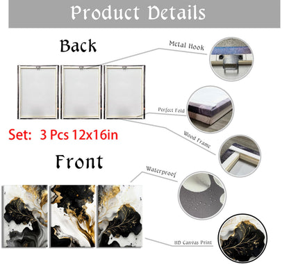 3Pcs Abstract Marble Canvas Wall Art Picture Black White Gold Texture Poster Print Modern Painting Wall Decor for Bedroom Living Room Office 12x16in Framed