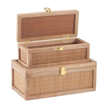 HuiDao Natural Bamboo Decorative Box with Lids, Unique Decorative Boxes Set of 2, Boho Wedding Keepsake Box, Memory Box with Lid for Crafts, trinkets and Photo Storage