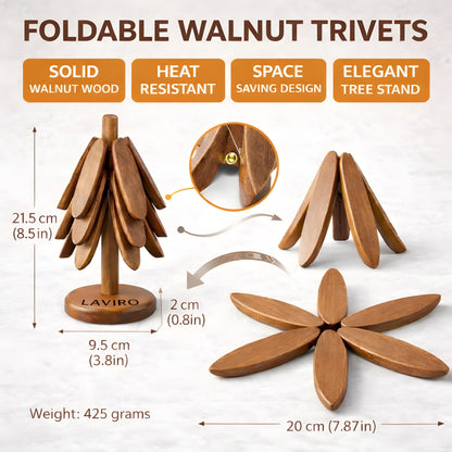 Natural Solid Black Walnut Wooden Tree Trivets for Hot Dishes – Foldable Artisanal Pot Holders for Pots & Pans, Decorative Kitchen Counter Storage Stand (Set of 4)