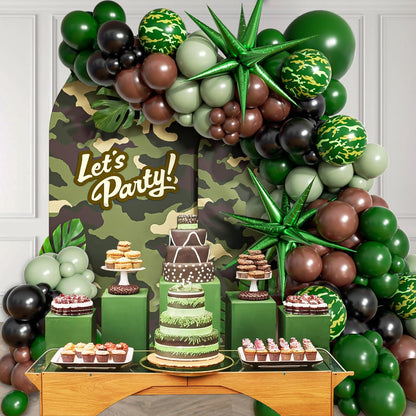 137pcs Camo Balloon Arch Garland Kit, Dark Green and Brown Balloon Arch Kit with Brown Sage Green Black Foil Balloons for Jungle Hunting Camo Birthday Party Decorations