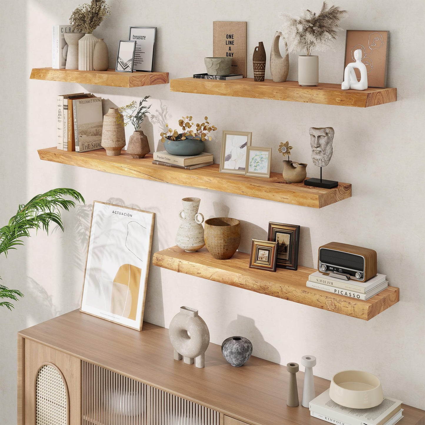 Acovy Extra Deep 32" Long Live Edge Rustic Floating Shelves for Wall, Solid Wood Wall Shelves with Invisible Bracket Mount for Living Room Bathroom Bedroom Kitchen, Set of 2, Natural