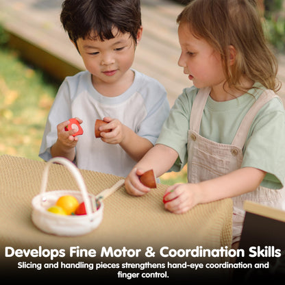 PlanToys® Wooden Berry & Citrus Basket | Montessori Pretend Play Fruit Set for Cutting, Mixing & Serving | Fine Motor Skills, Social Interaction & Eco Friendly Play Food Toy
