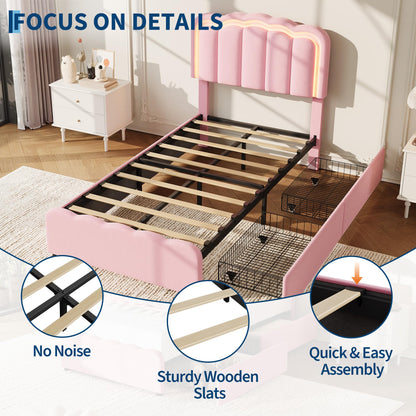 GarveeHome Twin LED Bed Frame, Kids Platform Bed with 2 Large Storage Drawers, Velvet Upholstered Princess Bed for Girls & Boys, Wooden Slats Support, No Box Spring Needed, Easy Assembly, Pink