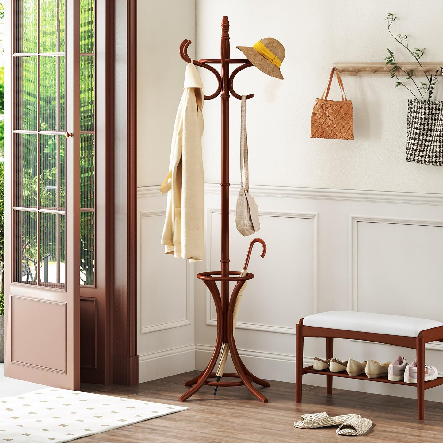 GOFLAME 73" Coat Rack Freestanding, Wooden Coat Tree with 12 Hooks and Umbrella Stand, Entryway Hall Tree, Hat Hanger Organizer, Coat Rack Stand for Coats, Hats, Scarves, Easy Assembly, Reddish Brown