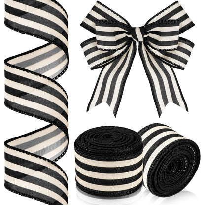 Moukeren 2 Rolls Black and Cream White Stripe Wired Edge Ribbon Halloween Rustic Ivory Boho Black and White Ribbon for Christmas Party Gift Wrapping Bow DIY Craft Home Decor(1.5 Inch, 20 Yard)