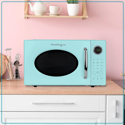 Nostalgia Retro Microwave Oven - 0.7 Cu Ft, 700-Watt Countertop Size with Glass Turntable, Child Safety Lock, 8 Auto-Cook Programs, Digital Clock - Aqua
