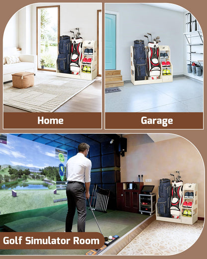 Mythinglogic Double Golf Bag Storage Rack for 2 Bags, Wooden Golf Organizer with Shoe Shelves, Ball Holder & Drawer, MDF Golf Equipment Storage Cabinet for Home, Garage or Simulator Room