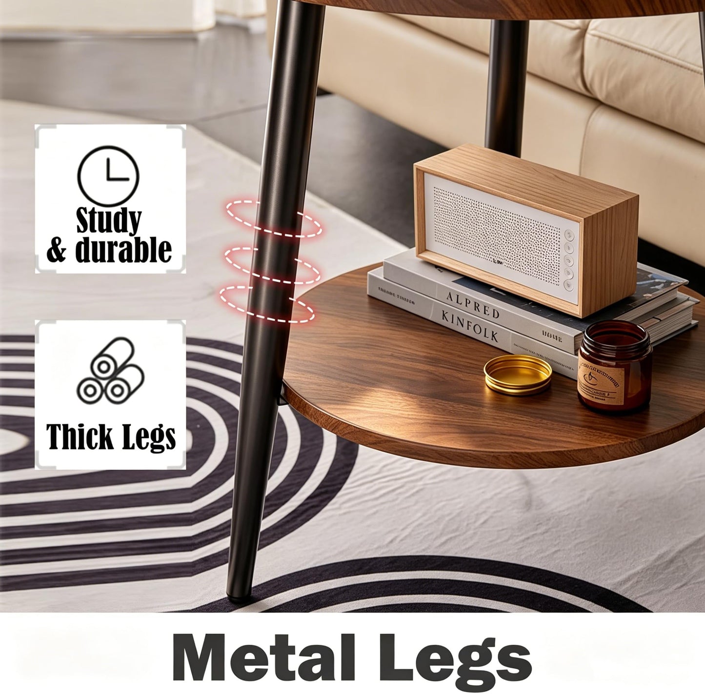 FANTERSI Small Round Side Table, 2-Tier Mid Century Modern Side Table, Round End Table Small End Table for Living Room, Metal Frames, Brown