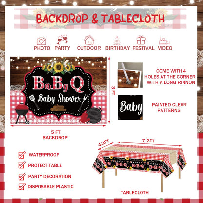 137 PCs BBQ Baby Shower Decorations, Hombae Its A Baby Q Baby Shower Decorations Backdrop Balloon Garland Banner Tablecloth Cake Cupcake Topper Boxes Cutout Barbecue Picnic Sauce Bottle Red Black