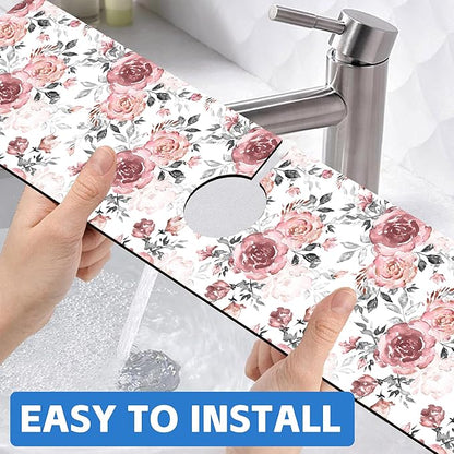 Pink Rose Floral Kitchen Sink Splash Guard Mat Absorbent Fast Drying Mat Faucet