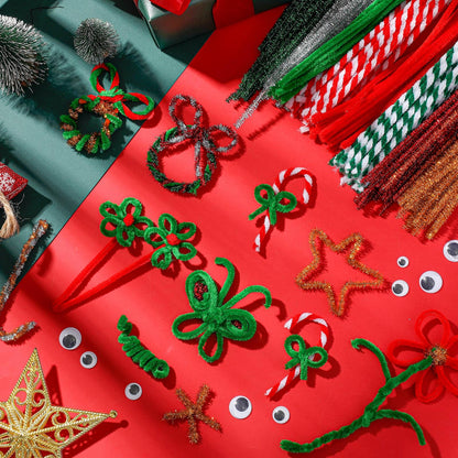 Juexica 300 Pcs Christmas Pipe Cleaners Craft Set Including Glitter Chenille Stems Poms Self Adhesive Wiggle Googly Eyes Creative Arts Chenille Stems for Christmas Decoration DIY Art Craft (Assorted)