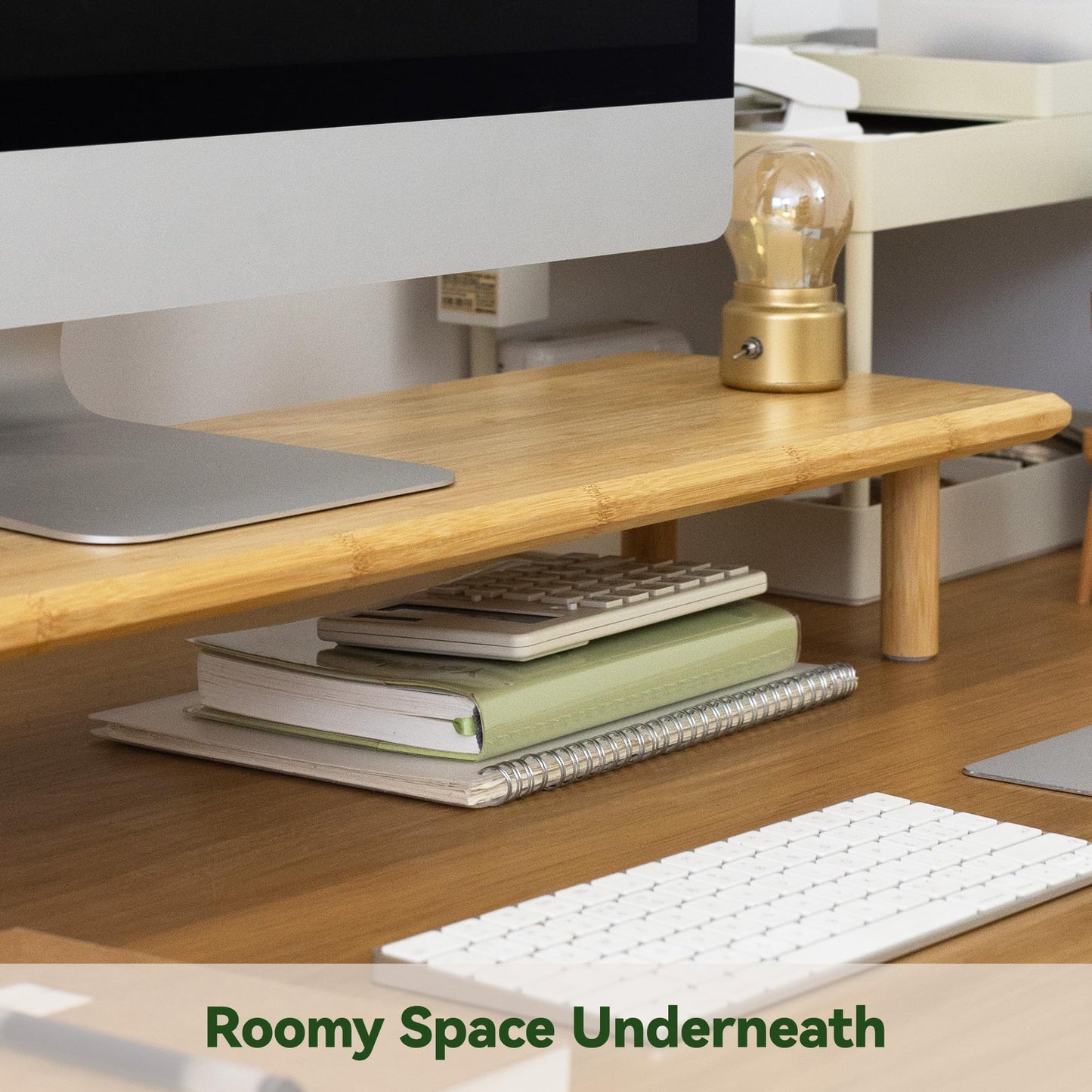 ROCDEER Bamboo Dual Monitor Stand Riser with Underneath Storage, Ergonomic Desk Shelf Supports PC Computer Monitor, Printer, TV for Home, Office, Natural