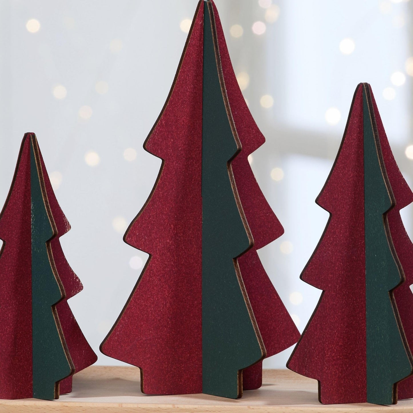 Your Heart's Content Set of 3 Wood Slotted Trees Multi-Colored Wooden Interlocking Trees, Shelf sitters, Valentine Mantel, Winter Tabletop Accent, Festive Table, Handmade (Set 3 Burgundy)
