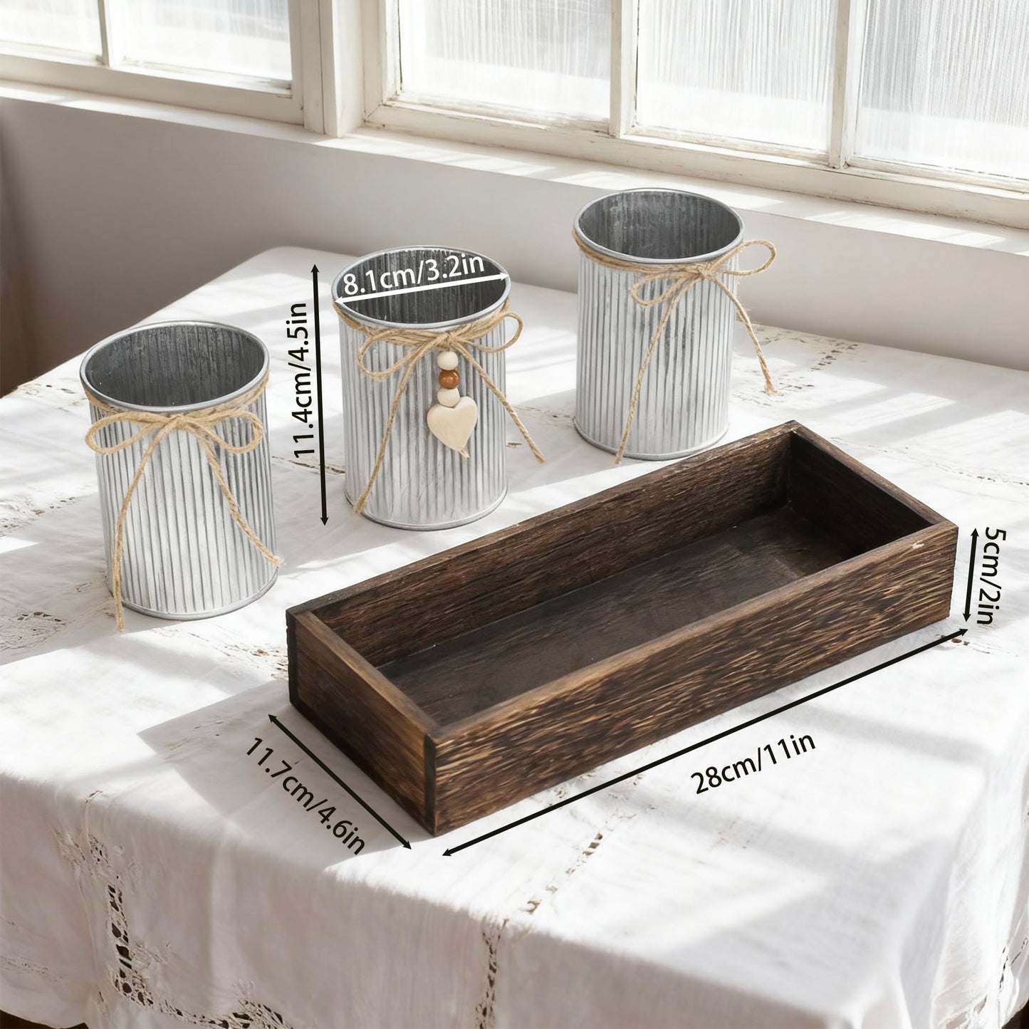 CANCLEAR Rustic Farmhouse 3-Piece Artificial Eucalyptus Centerpiece – Wooden Tray with 3 Galvanized Metal Pots & Faux Greenery – Table Decor for Dining Room, Kitchen, Living Room, Bathroom, Office