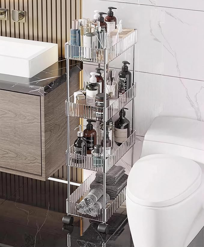 Sooyee Clear 4 Tier Slim Storage Cart,Rolling Storage Cart,Narrow Shelf,Bathroom Rack,Mobile Shelving Unit Organizer for Kitchen, Bathroom, Laundry Room
