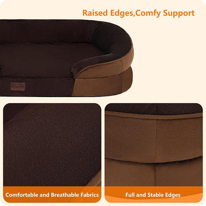 Dwanton Orthopedic Dog Bed for Large Dogs with Gel Memory Foam, Waterproof Dog Sofa, Washable Pet Bed with Four Sided Bolster Cushion, Removable Cover & Non-Slip Bottom, 38", Brown