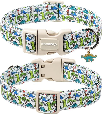 DOGWONG Dinosaur Dog Collar-Cute Green Dinosaur Dog Collar for Small Dogs, Adjustable Comfortable Cotton Boy Dog Collars for Small Medium Large Dogs,XL