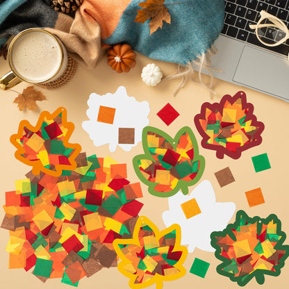 CJiangpo 24 Sets Fall Maple Leaves Suncatcher Paper Craft Kits, DIY Stained Glass Effect Window Ornament Rainbow Tissue Paper Art Craft Classroom Activities Supplies Thanksgiving Party Decor