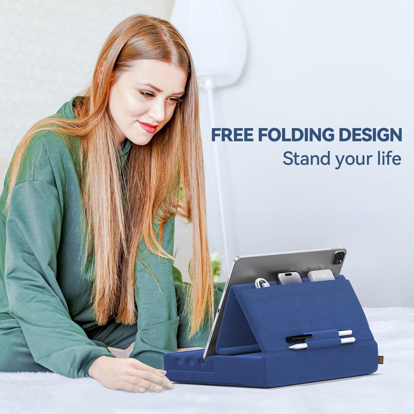 KDD Tablet Pillow Holder, Foldable iPad Stand for Lap, Bed and Desk -Tablet Soft Pad Dock with Pocket & Stylus Mount Compatible with iPad Pro 12.9, 10.5, 9.7 Air Mini 6 5 4 3, Galaxy Tab,E-Reader