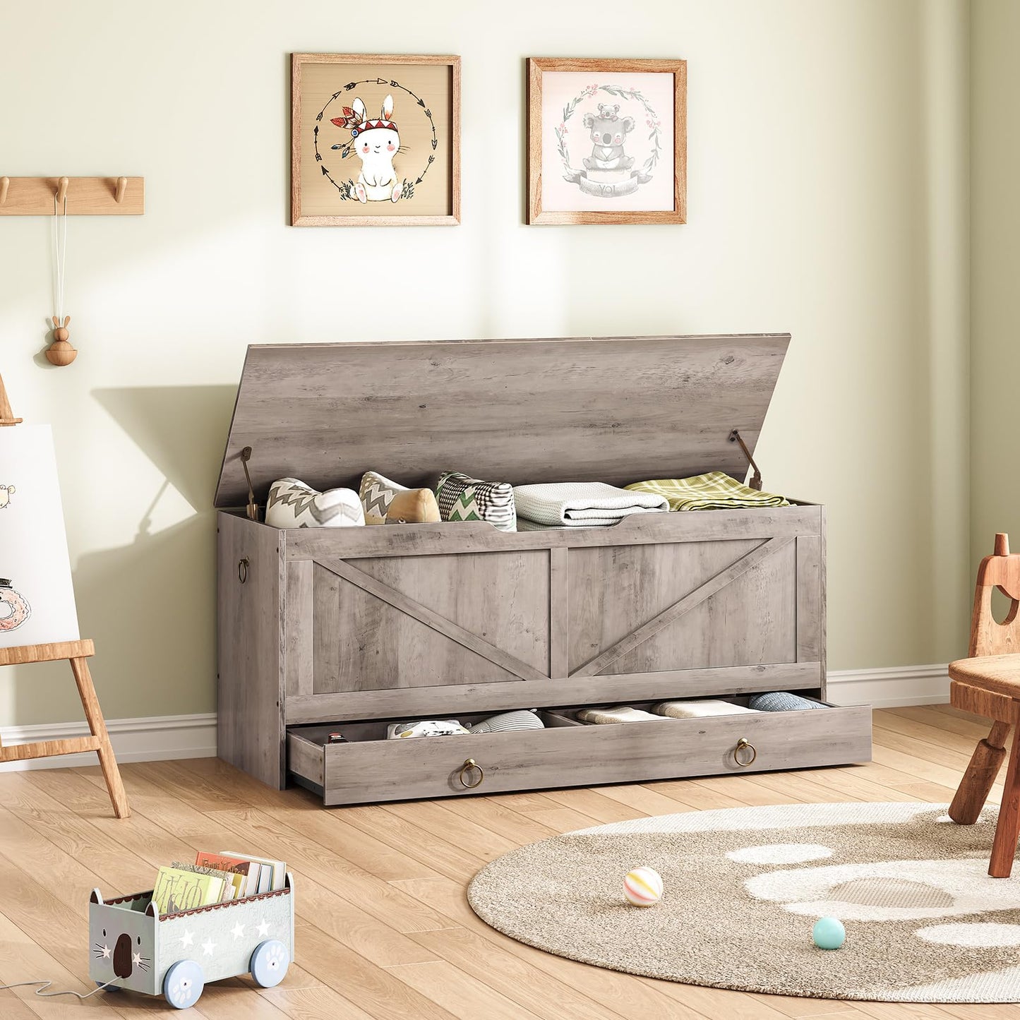 HOOBRO Storage Chest, 43.3" Toy Chest with Drawer, Wooden Storage Bench, Sturdy Entryway Bench Supports 220 lb, Shoe Bench, Safety Hinge, U-Shaped Opening, Easy Assembly, Greige BG711CW01G1