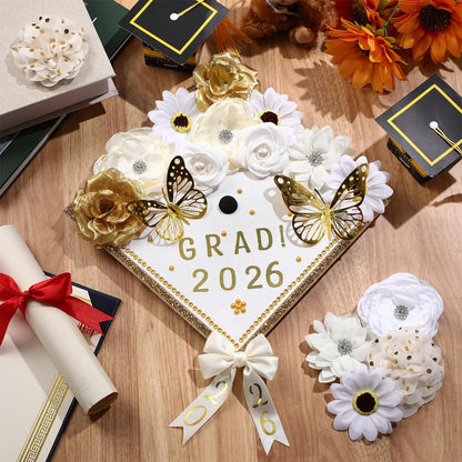 Wavwavw 63 Pcs DIY Graduation Cap Decorations Kit Include Faux Flowers 3D Butterfly Bow Self Adhesive Rhinestones and Alphabet Letter Stickers for 2026 Grad Cap Topper Decor Graduation Party(White)