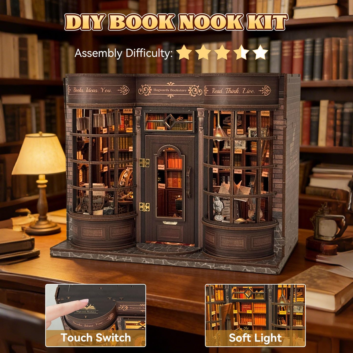 Hoggor Bookstore Book Nook Kit with LED Light, DIY Miniature House Kit, 3D Wooden Puzzle Bookshelf Decor Diorama Building Kit, Christmas Birthday Gifts for Family, Friends