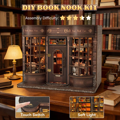 Hoggor Bookstore Book Nook Kit with LED Light, DIY Miniature House Kit, 3D Wooden Puzzle Bookshelf Decor Diorama Building Kit, Christmas Birthday Gifts for Family, Friends