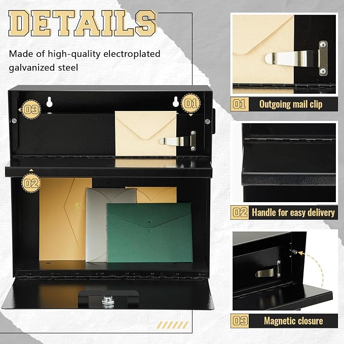 Yaocom Extra Large Wall Mount Mailboxes for Outside 15.35 x 15 x 7 Inches Locking Security Mail Box Galvanized Steel Wall Mailbox Large Capacity Post Box with Key Lock and Reflective Stickers(Black)