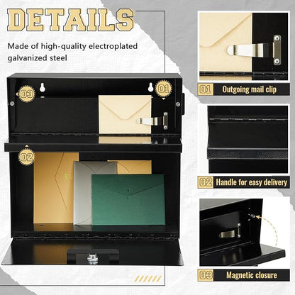 Yaocom Extra Large Wall Mount Mailboxes for Outside 15.35 x 15 x 7 Inches Locking Security Mail Box Galvanized Steel Wall Mailbox Large Capacity Post Box with Key Lock and Reflective Stickers(Black)