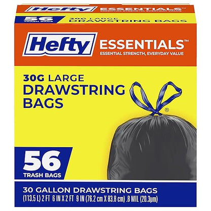 Hefty Essentials Drawstring 30 Gallon Trash Bags, Bulk Black Garbage Bags