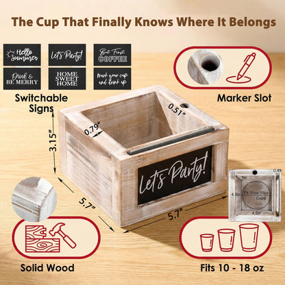 10–18 oz Wooden Cup Holder with Marker Slot & 6 Interchangeable Quote Signs, Farmhouse Drink Caddy for BBQs, Weddings, Parties, Housewarming & Home Bar Decor (Brown)
