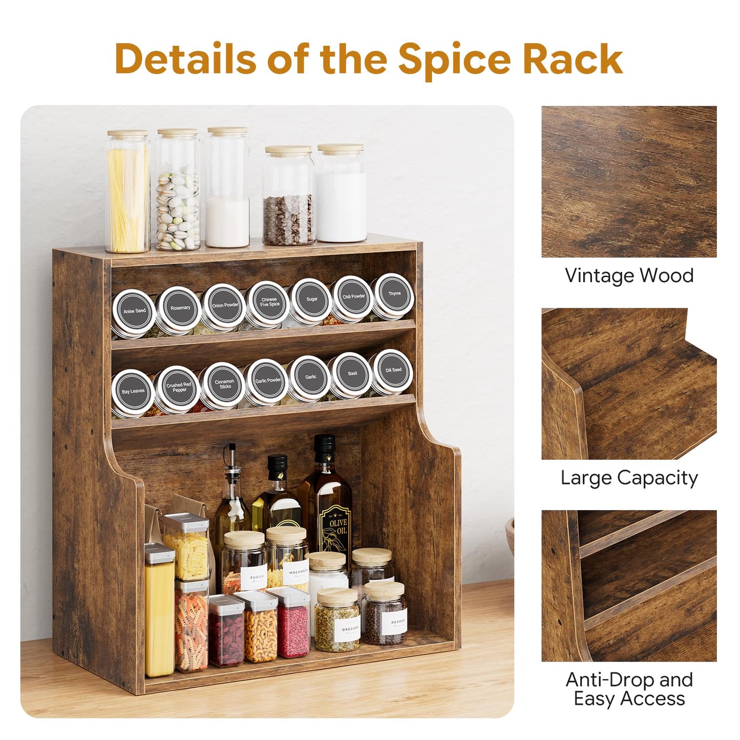 Simple Trending Spice Rack Organizer, 3 Tire Wood Kitchen Counter Shelves, Large Capacity Seasoning Storage Shelf for Countertop, Pantry, Kitchen, 7” W × 14.3” H, Brown