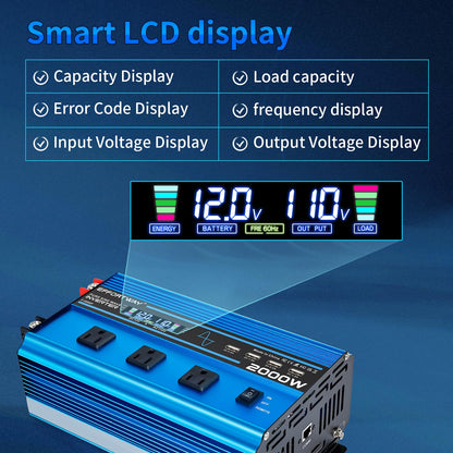 2000W Pure sine Wave Inverter 4000W (Peak) DC 12V to AC 110V/120V Converter with LCD Display Wireless/Wired Remote Control 3AC Outlets and 4USB for Camping RV Travel Off-Grid Solar Systems
